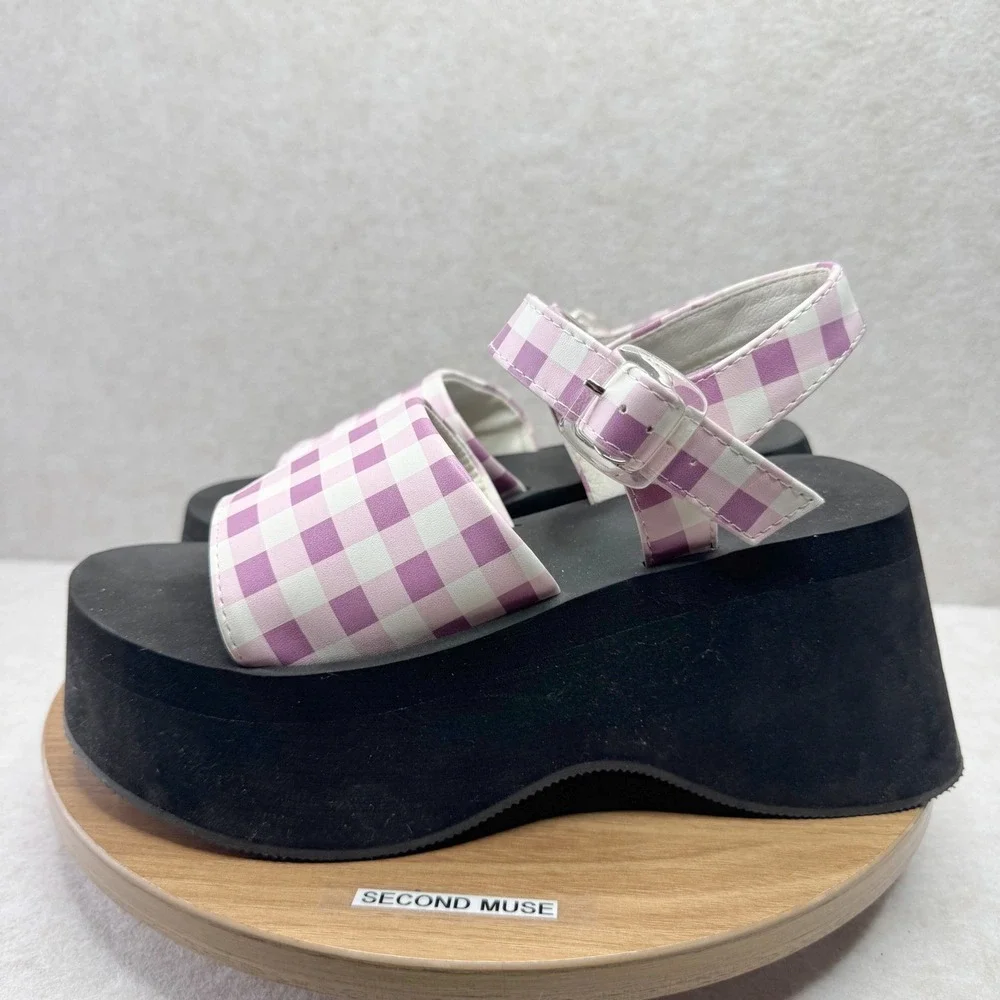 Chunky Platform Sandals‎ Gingham Purple White Heels Size 38 7US